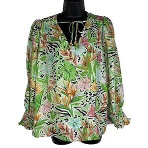 Jade Melody Tam Womens Blouse Green Medium Tropical Print V-Neck Tie Long Sleeve